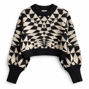 FARM RIO Wool Blend Cropped Art Deco Sweater Sz S Black White Puff Sleeve EUC!